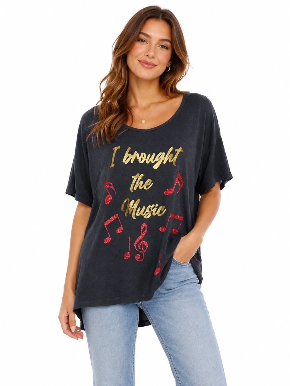 bcg Black Scoop Neck Tee with Gold Script & Red Music Notes